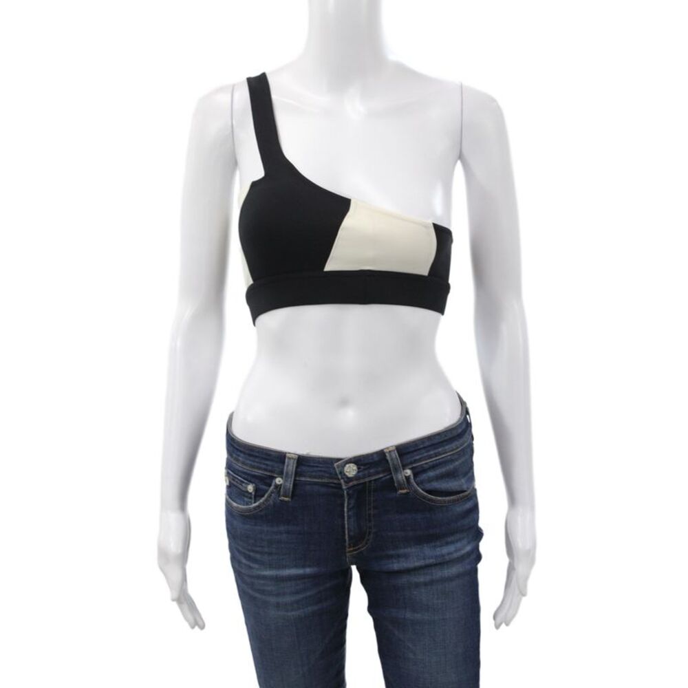Le Ore Womens Color Block One Shoulder Sleeveless Sports Bra Black White Sz XS